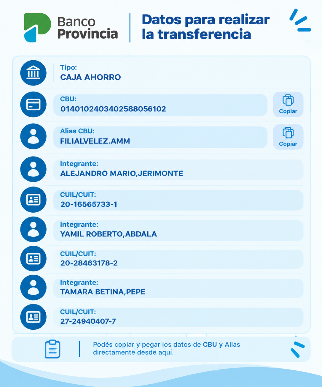 Datos para realizar la transferencia